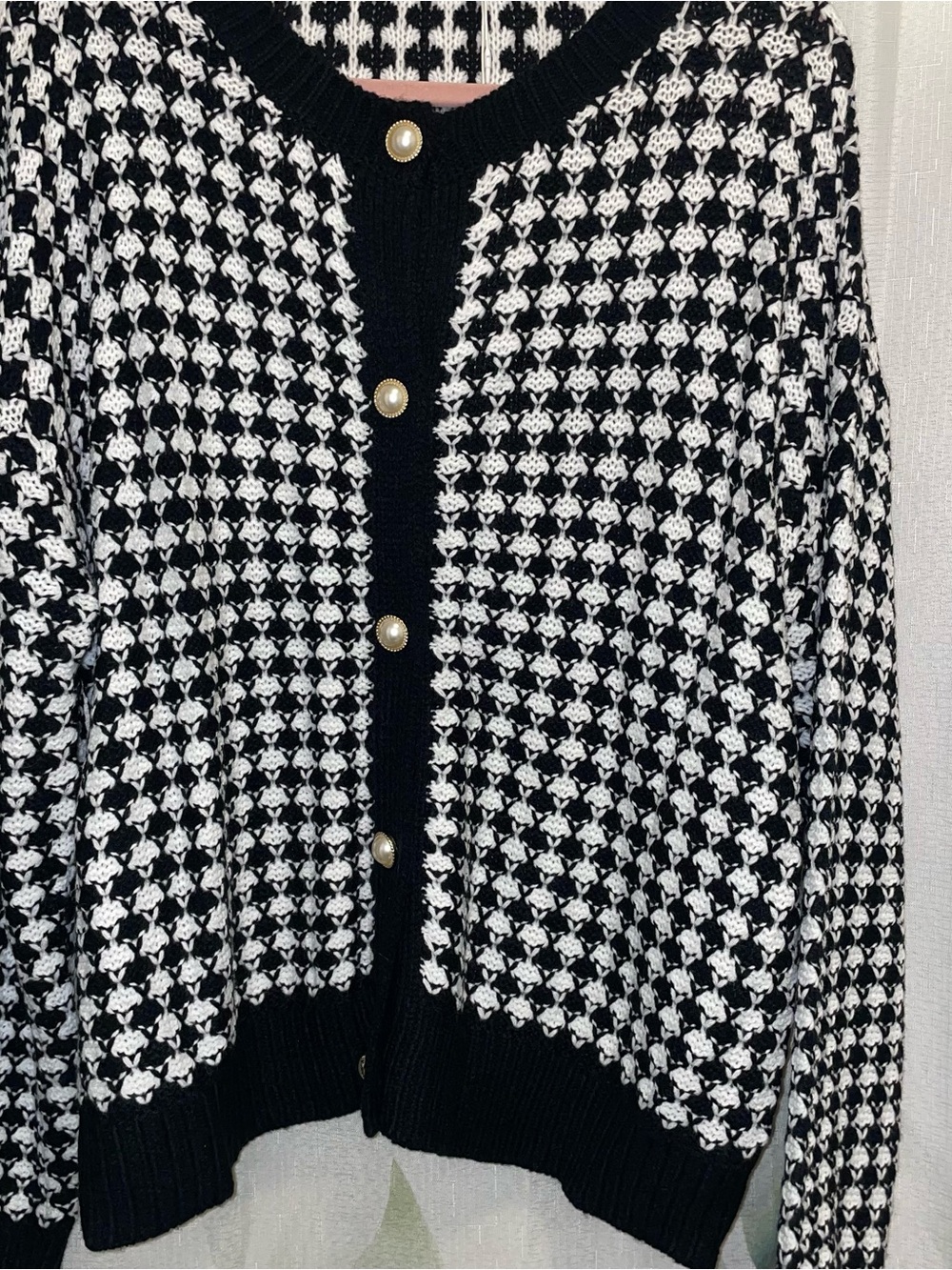 Black White Textured Knit Pearl Button Cardigan XXL